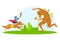 Monster fight with knight warrior in medieval armor, vector illustration. Cartoon fantasy battle in fairy tale, brave