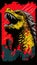 Monster Godzilla raging in a flaming city Japanese icon art design vector template with red circle paint background.