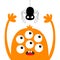 Monster head orange silhouette. Six eyes, teeth, tongue, hands up. Hanging spider. Cute kawaii cartoon funny character. Baby kids