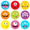 Monster head round icon set. Boo Spooky Screaming smiling sad face emotion. Three eyes, tongue, teeth fang, mouse. Happy Halloween