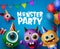 Monster party design vector concept. Cute scary monster characters in monster party text.