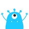 Monster scary face head icon. One eye, ears, fang tooth. Hands up. Cute cartoon boo spooky character. Blue silhouette. Kawaii funn