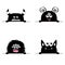 Monster scary face head icon set. Hands paw holding line. Horns fang teeth. Cute cartoon boo spooky character. Black silhouette. K