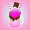 Monster shake with chocolate bar. Giant milkshake on pink background