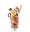 Monster shake, freak caramel shake isolated. Colourful, festive milk shake cocktail with sweets, jelly. Colored caramel