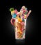 Monster shake, freak caramel shake isolated. Colourful, festive milk shake cocktail with sweets, jelly. Colored caramel