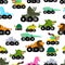 Monster Truck animal pattern seamless. Cartoon car beast on big wheels. Baby fabric ornament. vector background