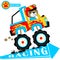 Monster truck cartoon with funny driver on white background