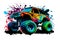 Monster truck sticker with multicolored paint splash. Neural network generated art