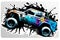 Monster truck sticker with multicolored paint splash. Neural network generated art