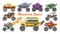 Monster truck vector cartoon vehicle or car and extreme show transport illustration set of heavy monstertruck with large