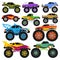 Monster truck vector cartoon vehicle or car and extreme transport illustration set of heavy monstertruck with large