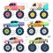 Monster trucks. Kids car toys. Cartoon vector set
