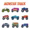 Monster Trucks Vehicles Collection, Heavy Cars with Large Tires Vector Illustration