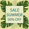 Monstera leaves summer sale, great design for any purposes. Sale banner template design. Hot summer sale banner