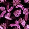 Monstera Pattern Texture. Dark Seamless Background. Nature Print. Purple Watercolor Palm. Tropical Backdrop. Floral Texture. Summe