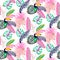 Monstera tropic pink plant leaves and toucan bird seamless pattern.