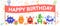 Monsters birthday banner. Happy kids party, cartoon monster congratulation. Funny characters, confetti and gift box