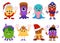 Monsters characters set with Christmas hats flat vector illustration isolated.