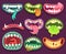 Monsters mouths. Halloween scary monster teeth and tongue in mouth. Funny jaws and crazy maws of bizarre creatures