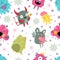 Monsters seamless pattern. Funny incredible creatures with smiles goofy faces characters, color kids creative design