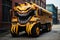 A monstertruck schoolbus in a city