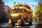 A monstertruck schoolbus in a city