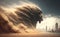 Monstrous sandstorm in the shape of a giant angry lion approaching a city in the desert from one side. Fictional sci-fi