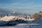 Mont Blanc from Les Menuires resort in winter. French alps in winter, snowy mountains in France