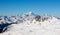 Mont blanc sunset view with slopes of meribel snowy mountain from Mont Vallon Meribel 3 vallees