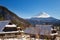 Mont Fuji on a clear winter day, from Saiko Iyashino-Sato Nenba traditional village covered by pristine snow in the five