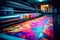 A montage of colorful printed banners and posters coming out of a high-speed roll-to-roll printer, showcasing the versatility and