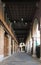 Montagnana, Italy - August 6, 2017: columns and arches of pedestrian areas on the streets of the city.