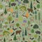 Montane forest biome, natural region seamless pattern. Terrestrial ecosystem world map. Animals, birds and vegetations ecosystem