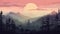 Montane Forest Sunrise Terrace: Graphic Illustration Of A Beautiful Sunset