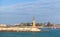 Montazah beach coastal landscape, lighthouse on pier