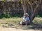 Monte Alban, Oaxaca, Mexico, South America : [Mexican man in hat laying under tree, resting, selling souvenirs, somb