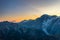 Monte Bianco sunset Mont Blanc summit 4810 m and his melting glaciers. View from 3000 m in Valle d`Aosta. Summer adventures on