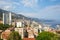 Monte Carlo city high angle view with buildings and skyscrapers, coast in Monte Carlo, Monaco