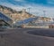 Monte Carlo panorama with luxury yachts and grand stands by the in harbor for Grand Prix F1 race in Monaco, Cote d'Azur