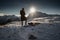 Monte Piana, Italy - January 1, 2019 : silhouette of women hiking in scenic snowy dolomites mountains, with direct sunlight