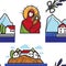 Montenegrin landscape house and mountains holy icon seamless pattern