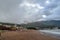 Montenegro beach in rainy weather. The sea and mountains of Montenegro. Budva. Becici