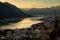 Montenegro Kotor bay sunset landscape summer travel destination, old town with church building panoramic view, Adriatic