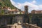 Montenegro . Old Town of Kotor . View of northern walls of ancient fortress, River Gate and church of St. Mary