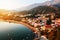 Montenegro at sunset. Aerial view of coastal town Rafailovici