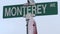 Monterey road sign, California city street USA. Tourist resort, historic capital