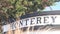 Monterey sign on boat stern, fisherman vessel near Cannery Row and Bay Aquarium.