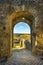 Monteriggioni medieval fortified village gateway and via francigena route, Siena, Tuscany. Italy