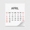 Monthly calendar 2018 with page curl. Tear-off calendar for April. White background.